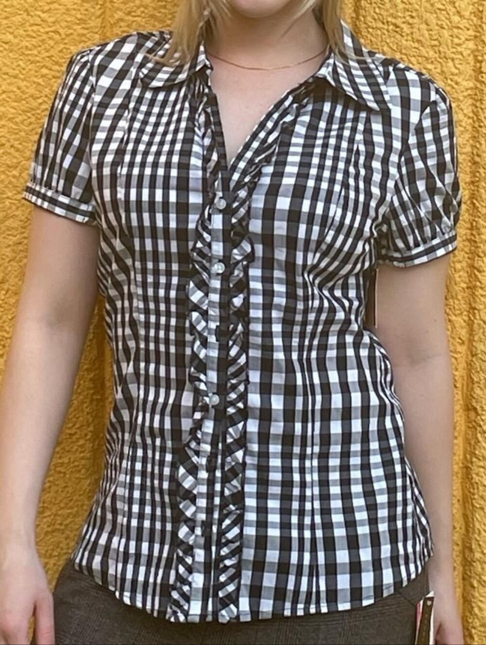 Black & White Gingham Ruffle Button Front Blouse Womens